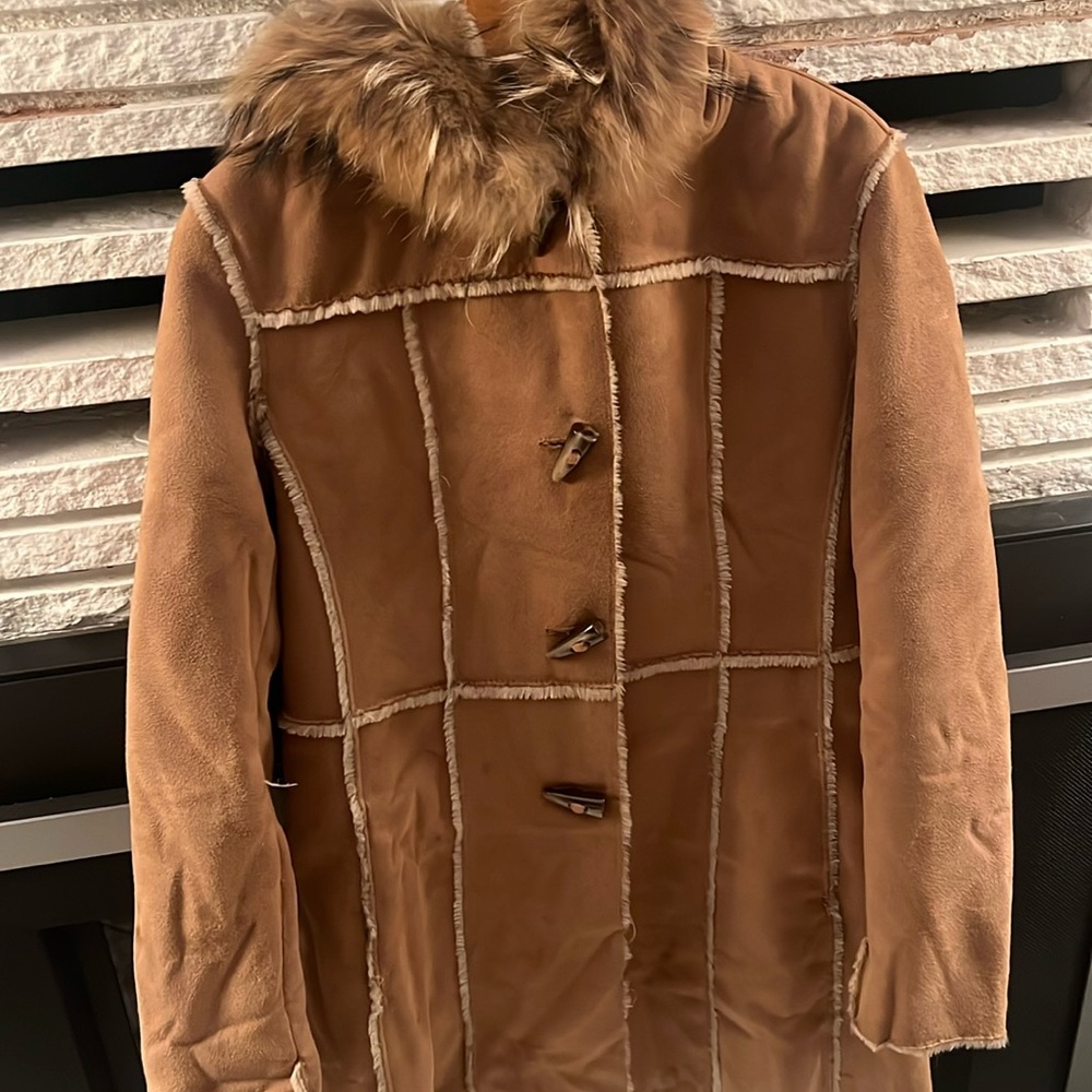 Andrew Marc penny lane style shearling coat  with real fur on hood 3/4 length